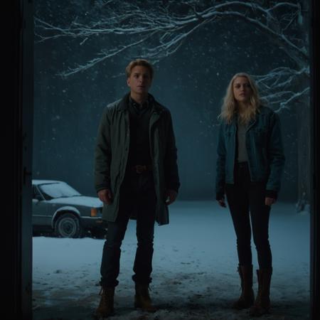 cinematic film still of  <lora:Split Screen Style:1>
two different images of  a man standing in a dark room next to a woman,Split Screen Style,1girl,blonde hair,shirt,1boy,jacket,boots,pants,indoors,tree,night,snow,snowing , division of the screen, half screen, several simultaneous images, shallow depth of field, vignette, highly detailed, high budget, bokeh, cinemascope, moody, epic, gorgeous, film grain, grainy