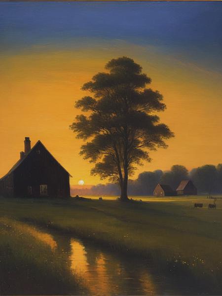 <lyco:WorthingtonWhittredge:1.0> A tonalist tempera painting portraying the tranquility of dawn in the rustic farmlands of the Dutch countryside, swathed in soft, dark, muted colors akin to George Inness's palette