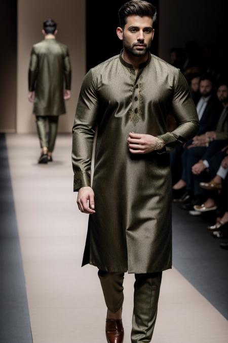 ((best quality)), ((masterpiece)), ((ultra realistic)),(dynamic sexy pose), masterpiece trending on art station of a beautiful Pakistani male model walks down the runway at the fashion show during Milan Fashion week in Milan, Italy, motion blur, wearing a xyzsankurta, (highly detailed:1.3),  Dark Olive Green Kurta, Shalwar, Shoes, <lora:xyzsankurta:0.8>, professional, moody cinematic lighting, masterpiece, realistic, roughness, ultra realistic, masterpiece, realistic, roughness, ultra realistic, (bokeh:1.3), photographed on a Canon EOS R5, 50mm lens, muted colors, F/2.8, HDR, 8k resolution, highres, high detail, sharp focus, smooth, roughness, real life, photorealism, photography, 8k uhd, (motion blur:1.001), <lora:add_detail:0.5> <lyco:GoodHands-beta2:1.0>