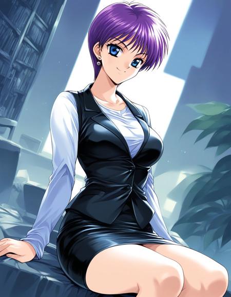 MidoritaniMaki, purple hair, short hair, blue eyes, earrings, jewelry, breasts,