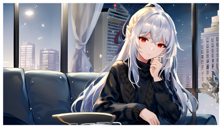 COMFYUI PROMPT TRANSLATED
<lora:26vp1-2-000016:0.8>, <lora:JingliuV4-09:0.7> (canking), best quality, masterpiece, cowboy shot, upper body, 1girl, JingliuV4, white hair, ponytail, red eyes, ((black sweater)) sitting, sofa, table, room, lighting from windows, (night), skyscrapers,