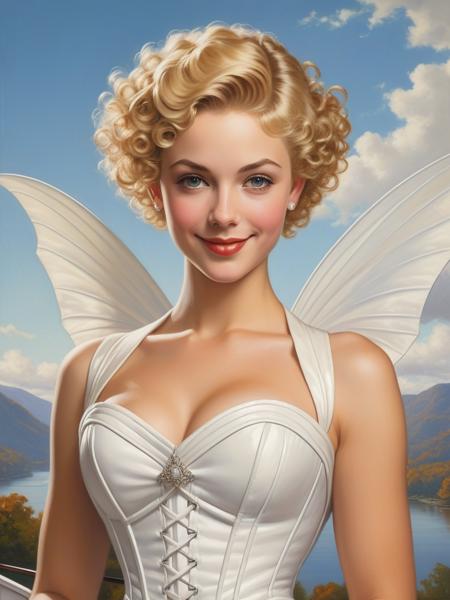<lora:04Vintageillustration_Hap_XL:1>,Norman Rockwell style,vintage poster, Beauty pixie hair woman in wedding mood, upper body portrait of a smiling beauty woman, elegant blonde hair woman featuring a super short permed curly pixie haircut in the style of the 80s, with Precisely cropped ears, very short shaved hair on the back of the neck, short line bang, hints of curls, striking grey eyes, a Artgerm masterpiece painting of Hudson River School Oil Painting style , draped in a super sexy white leather wedding costume that takes one's breath away, corset snuggly cinching the waist to diminutive proportions, makeup eccentric, eyelashes elongated, a stunning landscape as backdrop, 8Kï¼