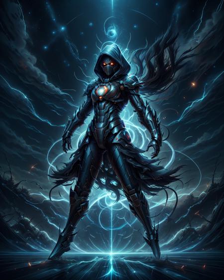 full body shot portrait, solo, (full body:0.6), looking up, detailed background, detailed face, warp, scifi, excessive energy, ulblackholetech theme:1.1), dark shadow-assassin, hidden truth, corruptor, ral-elctryzt outfit, ral-elctryzt hood, dark brown ral-elctryzt armour, ral-fluff belt, dark ral-elctryzt intent, creeping shadows, dynamic pose, specters in background, starry night sky, wind blowing, eerie calm, ominous atmosphere <lora:ral-elctryzt-sd15:1> ral-elctryzt