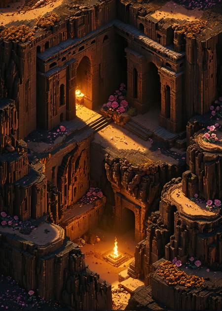 magicavoxel, massive dark ruins, dark fantasy, desert, rock, dungeon, aerial view, detailed, very far, pixel, voxel style, 4k, hdr, atmospheric lighting, dramatic, highly detailed, octane render, bokeh, bloom,  <lora:STYLE_MJ52_v2.0:1> <lora:MagicaVoxel:1> <lora:DETAIL_TrendCraft:0.5>