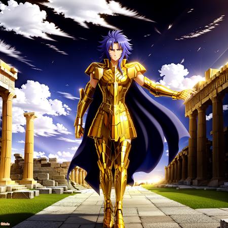 <lora:GeminiArmor:0.7>, GeminiArmor, gold armor,  1boy, armor, dramatic sky, looking at viewer, closed mouth, upper body, serious, on greek temple ruins, anime, full-body. running towards the viewer, boots