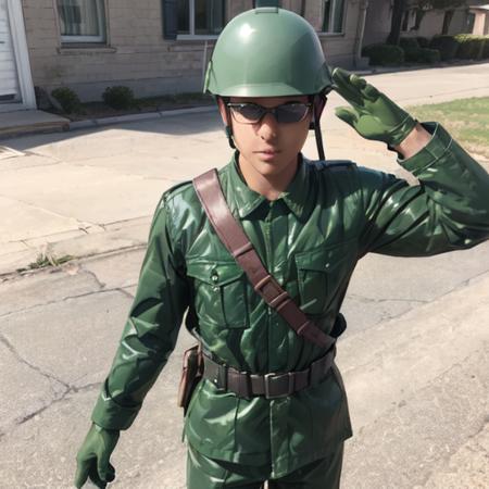 1boy, solo, (beautiful boy face:1.2), Dark brown hair, short_hair, (Dark brown eyes), (glasses),  <lora:Plastic Green Army Toy Soldier Costume:0.5>, Plastic Green Army Toy Soldier Costume, (Green Helmet, Plastic Green Jacket, Plastic Green Pants, Green Belt, Plastic Green Gloves, Plastic Green Boots), Plastic Green Base Plate, standing, salute, saluting, full body, outdoors, from front