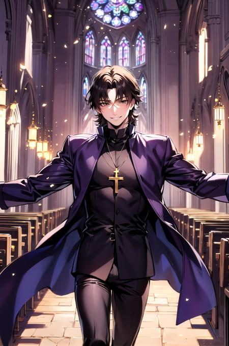 (masterpiece, best quality, detailed), 1boy, church, stained glass, light beams, indoors, light particles,
kotomine kirei, spread arms, purple coat, black shirt, black pants, cross necklace, parted bangs, smile