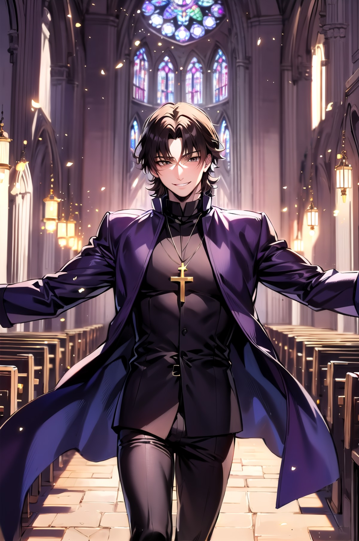 (masterpiece, best quality, detailed), 1boy, church, stained glass, light beams, indoors, light particles,
kotomine kirei,...