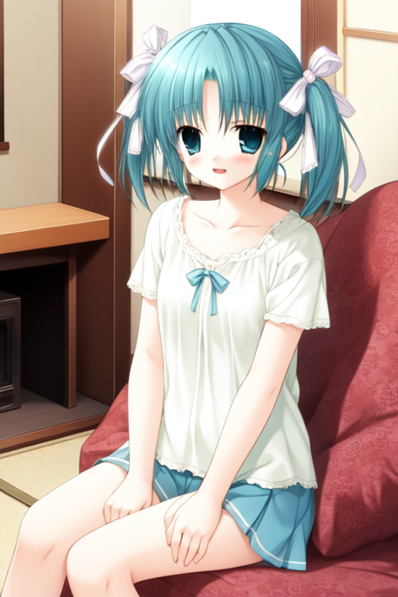 yuukimiwa, hair ribbon, short twintails, casual, sitting, living room