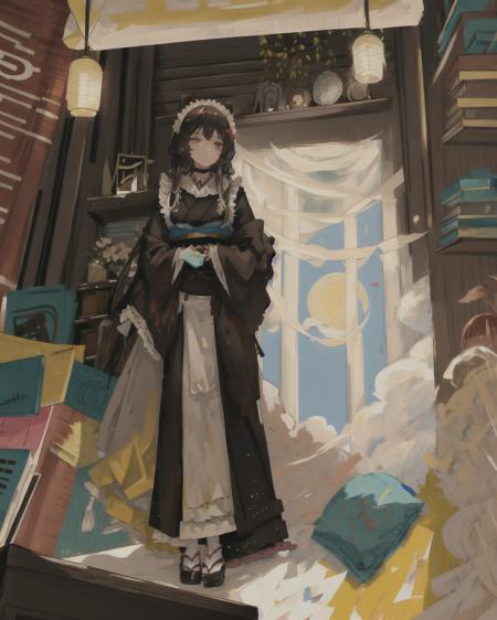 masterpiece, best quality, ultra-detailed, illustration, portrait, 
close up,full body,
<lora:inuitoko:0.81>
left red eyes,right yellow eyes,,
InuiTokoMaid,
(1girl), 
animal ears, maid headdress, 
(brown black )maid kimono with white ribbon, 
sitting on chair,
geta, 
bookshelf, library,  dimly lit,