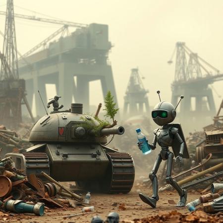 apocalyptic WORL, FULL OF TRASH, MECHANICAL PARTS EVERYWERE, GIANT CRANES BACKGROUND, SMOG, 2 ROBOTS, A BIG MUSCLE ROUNDED TANK ROBOT WITH LONG ARMS MILITARY BADGES AND SHORT LEGS HOLDING A LITTLE GREEN PLANT, A LITTLE THIN KNIGHT ROBOT WITH WHEELS HOLDING A BOTTLE WITH BLUE WATER, WALKING, HAPPY