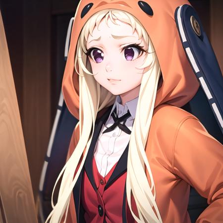 best quality, masterpiece, ultra-detailed, 1 girl, solo, yomozuki runa, blonde hair, purple eyes, long hair,  school uniform, kigurumi, black animal ears