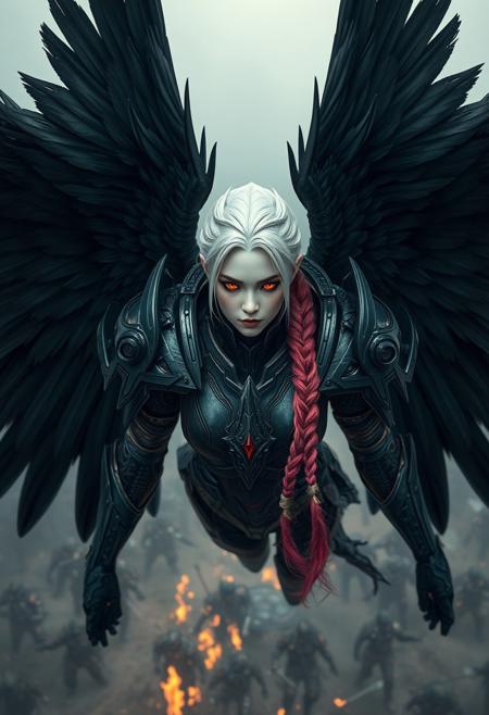 27 yr old albino japanese woman in ceramic veridian power armor, , majestic black feathered angel wings, solo, shoulder armor, glowing red eyes, pauldrons,  long magenta and golden braided hair, looking at viewer, grimdark, flying over a battlefield