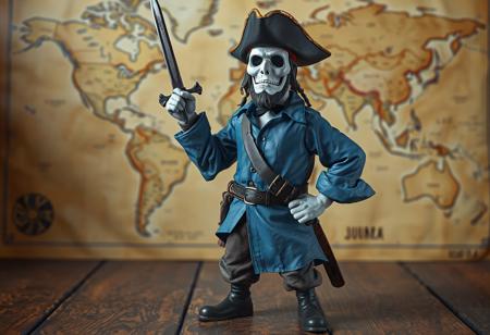 "A hyperdetailed cinematic matte painting of a Ghost Pirate standing confidently on a wooden surface, dressed in a blue shirt and brown pants, with a black hat perched on its head. The pirate wields a sword in its right hand, ready for an imaginary duel, while its left hand rests on its hip, exuding an adventurous spirit. Behind the figure, a meticulously detailed world map serves as a backdrop, adding a sense of exploration and adventure. The composition is playful yet dynamic, evoking the spirit of pirate lore. Rendered in Octane and Unreal Engine 5, with 4K resolution, lifelike details, sharp lines, and stunning, harmonious colors. The scene features captivating lighting, a dynamic action pose, and a creative angle, trending on ArtStation and CGSociety. Inspired by the styles of Raphael, Houdini, and Grammer Effect, with vivid emotions and a powerful message. The pirate’s face and eyes are exquisitely detailed, showcasing handcrafted precision and impeccable composition. Kodak Ektar film aesthetic, no text, trending on Instagram and ArtStationHQ."