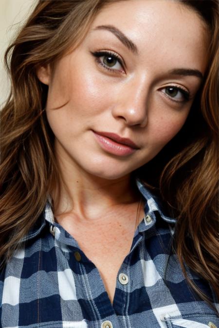 HD photo of beautiful mshn_monicaollander wearing a checkered shirt, closeup