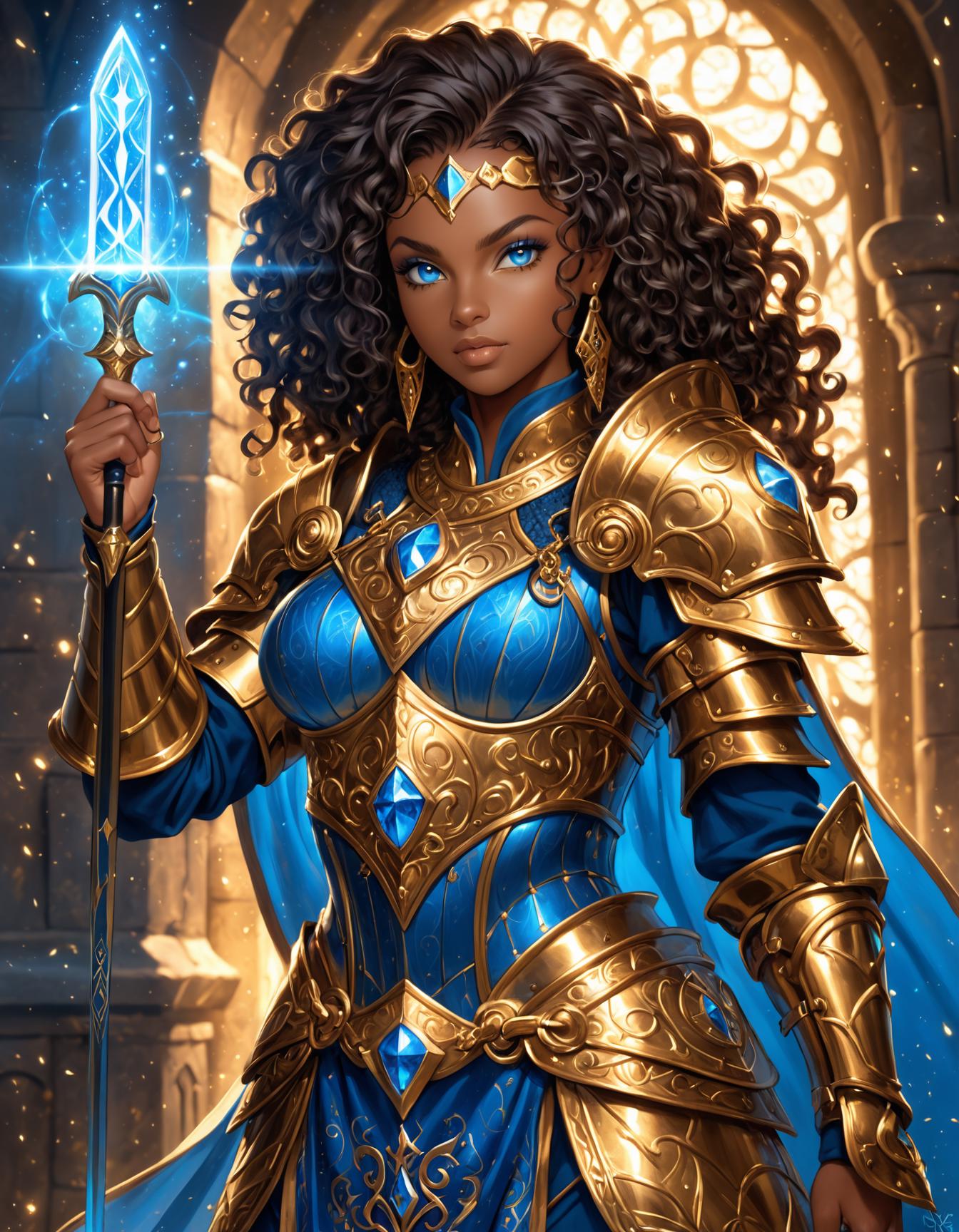 dark-skinned warrior woman, curly hair, intricate blue and gold armor, glowing blue gems, medieval fantasy, ornate armor, regal warrior, detailed face, highly detailed, full body armor, blue and gold aesthetic, serious expression, heroic stance, magic runes, highly detailed background, magical aura, glowing gems, fantasy setting, majestic pose