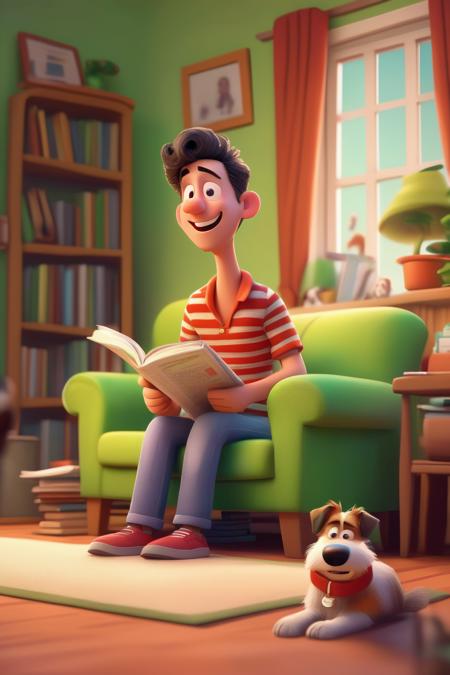 <lora:Aardman Animations Style:1>Aardman Animations Style - man sitting on a sofa reading a book, looking at the book, and looks relaxed and happy, the man is wearing a red and yellow striped shirt. A man is sitting on a green couch in the living room reading newspaper. dog with long fur, sitting in the background, living room with green couch background