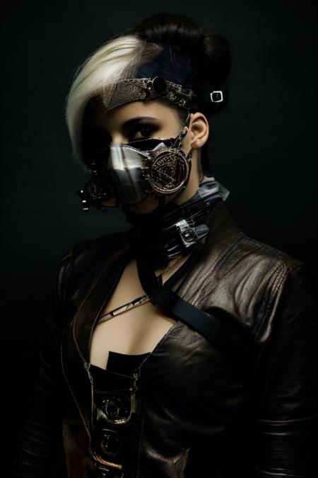 a woman in a steampunk style outfit with a steampunk style mask,portrait, zbrush central contest winner,silver hairs ,mechanical girl, dark background vfx, hyper detailed, digital art, japanese inspired, by amano, caravaggio, ashley wood, jojo liloanzo, takato yamamoto, karol bak, ayami kojima dmt art, symmetrical vhs, glitch art, chrom