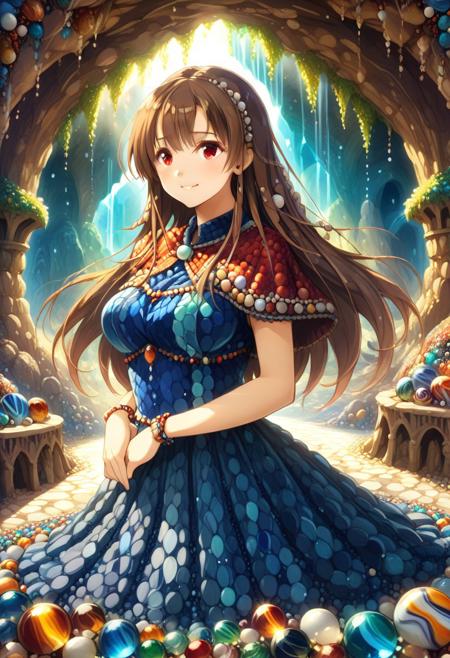 masterpiece, best quality, high quality, (sfw), intricate detail, vivid, bright colors, made of marbles, 
1girl, YurYuna, red eyes, brown hair, long hair, dress made of marbles, capelet, warm clothes, marbles around, fantasy world, 
happy, calm, 
outdoors, cave, many lights, fantasy, sunlight, glow, 
art, aesthetic,