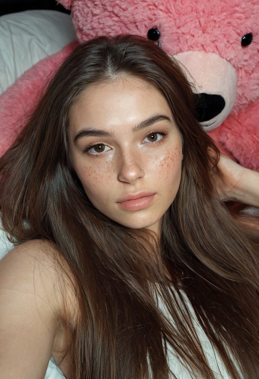sleek (long) hair, skin details, round face, young round face, adult woman,
amateur photo, 
vivid colors,   s1_dram, dramatic lighting,  muted colors,
perfect face, pretty face, 
skin blemishes, highly detailed skin, 
a person with long brown hair lying on a bed, next to a pink bear
