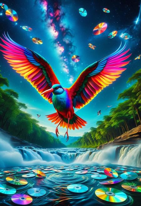 CD Repeat, Masterpiece, best quality, amazing quality, absurd, latest, volumetric lighting, UHD, SFW, vibrant colors, neon, vivid colors, Ibis made of cd's, flying over river , exquisite detail, digital art, realistic, highly detail, beautiful, surreal, dramatic, galaxy fantasy colors, No_Humans,