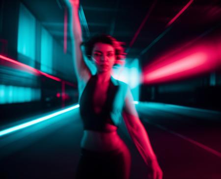 (motion blur, blurry, low shatterspeed:1.2), defocus, anamorphic lenses, flares, highlights, elegant posing photo of a woman standing in a dark room with blue lights, cyberpunk art by Elsa Bleda, neoism, dark dance photography aesthetic, cinematic light lighting, darkness aura red light,  <lora:Prismatia_yiu_v10:0.7>