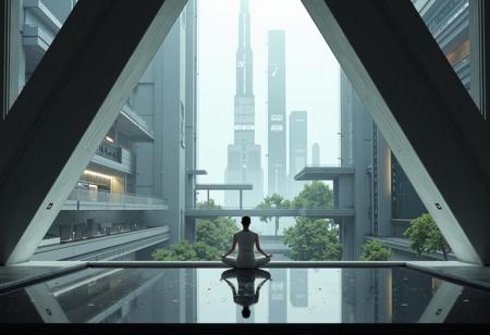 UNI_SCI_FI_CORE A futuristic cityscape, viewed through a large, triangular window or opening, is depicted in a digital painting style with a focus on sleek architecture and a serene, almost sterile atmosphere, reminiscent of science fiction concept art. The image portrays a highly stylized cityscape with towering structures, interconnected by a network of elevated walkways and waterways, with a figure meditating in a reflective pool in the foreground. The scene evokes a sense of advanced technology, tranquility, and perhaps, social isolation or detachment. The foreground is dominated by a minimalist platform featuring a rectangular pool of reflective water, with a figure dressed in white, kneeling in a meditative pose. The surface of the water perfectly mirrors the cityscape beyond, creating a doubling effect and adding depth to the composition. The edges of the triangular opening, through which the city is viewed, are dark and sharp, framing the scene like a stage set. The mid-ground reveals the intricate details of the futuristic city. The architecture is characterized by clean lines, geometric shapes, and a monochromatic palette with accents of glowing light. Tall, slender towers rise into the sky, some featuring transparent sections that reveal internal structures or gardens. , anime, cyberpunk
