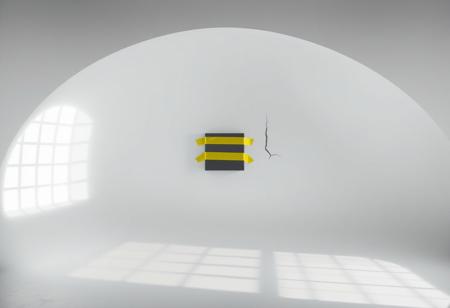 “Captured with Panavision Prime Cine optics: a minimalist studio scene featuring a pastel white dome-shaped wall curving seamlessly into the floor, softly illuminated with diffused cinematic lighting. Cube-shaped shadows, cast by a front-facing window grid, add depth and visual interest to the composition. At the exact middle height of the wall, a bold object stands, secured with an extra-wide strip of vibrant yellow duct tape. Beside it, a prominent, jagged scar disrupts the wall’s smooth surface, adding a raw, contrasting imperfection to the pristine aesthetic. The premium optics emphasize every detail, from the textures of the wall and shadows to the vivid tones of the object and tape.”