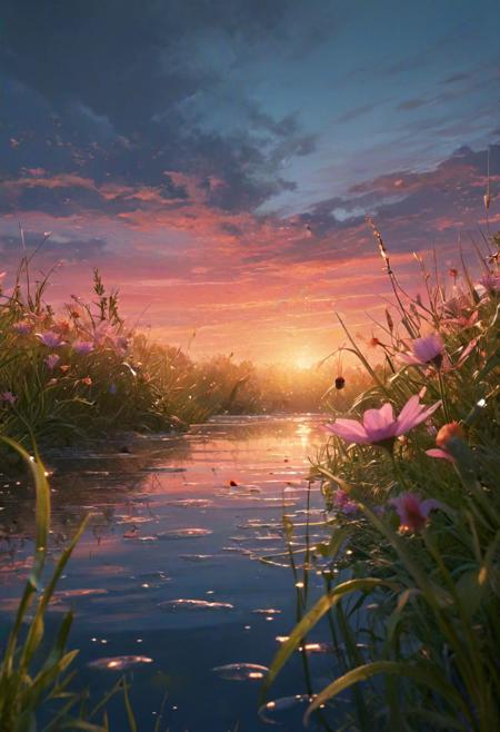 Ah, my apologies for the mix-up. Here's a descriptive visual in words:
Imagine standing at the edge of a tranquil lake as the first light of dawn caresses the horizon. The sky overhead is a canvas, painted with strokes of pink and orange hues that transition into a deep and calming blue. Up close, dewdrops cling delicately to the vibrant petals of wildflowers and the blades of lush green grass, each droplet reflecting the growing light like tiny crystals. The gentle rays of the rising sun dance upon the water's surface, a tapestry of golden light that warms the soul. In the foreground, the vibrant flora is rich with color and life, inviting you to reach out and touch their natural splendor. The scene is a serene symphony of nature's beauty, a breathtaking close-up of a world that whispers the promise of a new day.