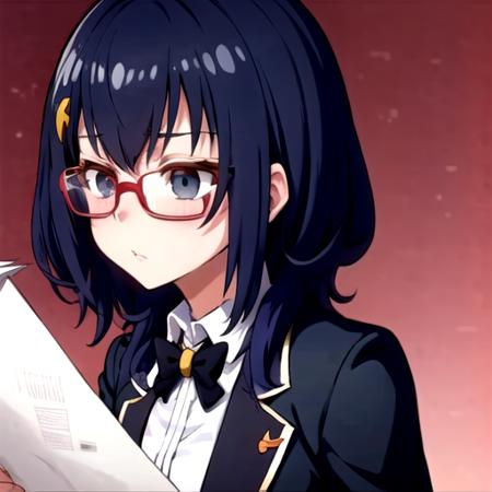 <lora:Shizuka-09:0.8>, shizukawds, blush, shirt,hair ornament, holding,  jacket, white shirt, upper body, glasses, black jacket, formal, suit, red-framed eyewear, paper, squiggle, holding paper, suit jacket