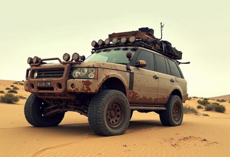 Comic book illustration of a rusty, beat up, heavily and crudely modified retrofuturistic range Rover l322 in the style of Mad Max parked in a sandy wasteland. Digital drawing, 2D.