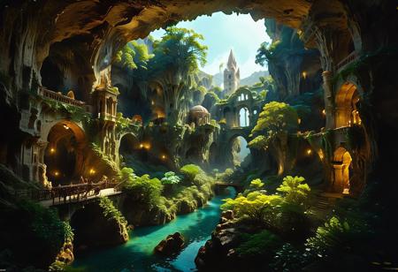 (pitch dark midnight time interior:1.24) lit, (far establishing shot:1.2), bird's eye view overlooking (magical underground enclosed cave dimension under ceiling stalactites with many upsidedown hanging fantasy medieval city gothic buildings of immense scale and minarets in a fantastical vast expansive magma cavern covered in lush shrubs vegetation:1.28), (realistic architectural proportions with floating rock formations in zero gravity, multifloored terraces and slopes in a procession) courtyard, cramped many story towering byzantine palace cathedral structures, (many hanging connected multidimensional bridges and aqueducts with vines, scintillating glowing (giant olivine crystals) and bioluminescent fungi:1.2), (moody misty atmosphere, vibrant prismatic color grading), 4k, highres, best quality, dramatic, cinematic, epic, pantone analogue style, (concept art, digital art, realistic, professional masterpiece, dynamic, (curvilinear perspective), high view angle, establishing shot, low depth of field, tilt shift, iris blur, bokeh, sharp clarity:1.2), chromatic aberration, fine intricate details, great lighting, warm dappled soft lighting, volumetric lighting, detailed highlights, rim lighting