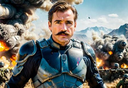 (best quality, highres), utopic futuristic analog film best godly masterpiece, realistic, straight on hyper action dynamic fast  shot of a 30 year old mustache commander 1man 32k fighting with realistic well-formed sword and hyperealistic accurated fighting and holding sword combat pose stance, French male intricate face, facial hair, buzzed hair, best male anatomy, symmetric limbs, masculine commander uniform on, fighting at the crowded battlefield 54k,   must be fast, must be quick, must be entertaining, original, best french male commander in action aesthetic composition with accurte perspective,    depth of field  128k, extreme battlefield background, cinematic illumination as in real life action movie, special FXs with iray, sony studios, by George Lucas, Ridley Scott, Arthur Adams, paramount pictures studios, dramatic, intense, complex, exceptional amplitude,   blurred sidekick actors at 4k, oppressive laser beams crackling ground 8k, explosions and millions of fighters army fighting  64k, solar ecplice 128k, everything coherent in the scene forming an exceptional epic majestic battle complex professional engineered composition, outstanding, legit stunning scene, best seller, unforgettable, break all molds, insanely innovative, ultra professional actors involved in scene, discreet use of phonemenal CG realistic professional cinematic jaw-dropping effects hyper professional illumination,   by David R. Ellis, Martin Martin Scorsese, Exceptional IMAX studios, Howard Hall,