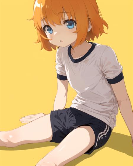 1girl, short hair, gym shorts, gym shirt, parted lips, sitting, simple background, outline, (flat shading:1.2), oekaki, orange hair, solo, yellow background, (blue eyes:1.2), sitting on ground, sketch, sl8-all
<lora:sl8-all-08:0.8>