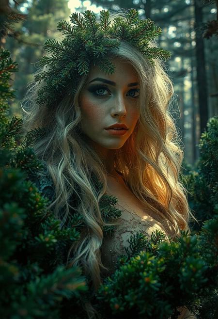 ((masterpiece:1.3)), HDR, 32K, dynamic-wide angle, hybrid woman creature; fir needles mutation  of a voluptuous blonde woman, pine trees forest ambiance, overgrown foliage, bioluminescent pines, intense expression, vibrant colors, in this place nature's elegance reigns supreme.