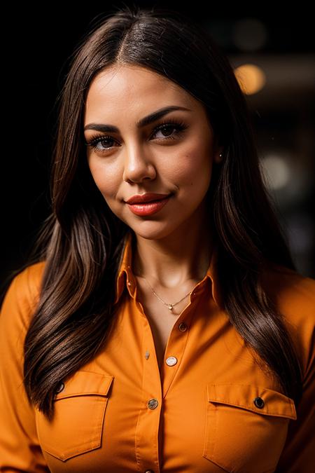 photo of (zanamari-135:0.99), a beautiful woman, perfect hair, smiling, closeup portrait, (modern photo, Pumpkin Spice Orange button up shirt), 85mm, (analog, cinematic, film grain:1.3), ((plain Army Brown background:1.2)), detailed eyes, (seductive pose), painted lips, (epicPhoto), (looking at viewer), jewelry, (cinematic shot:1.3)