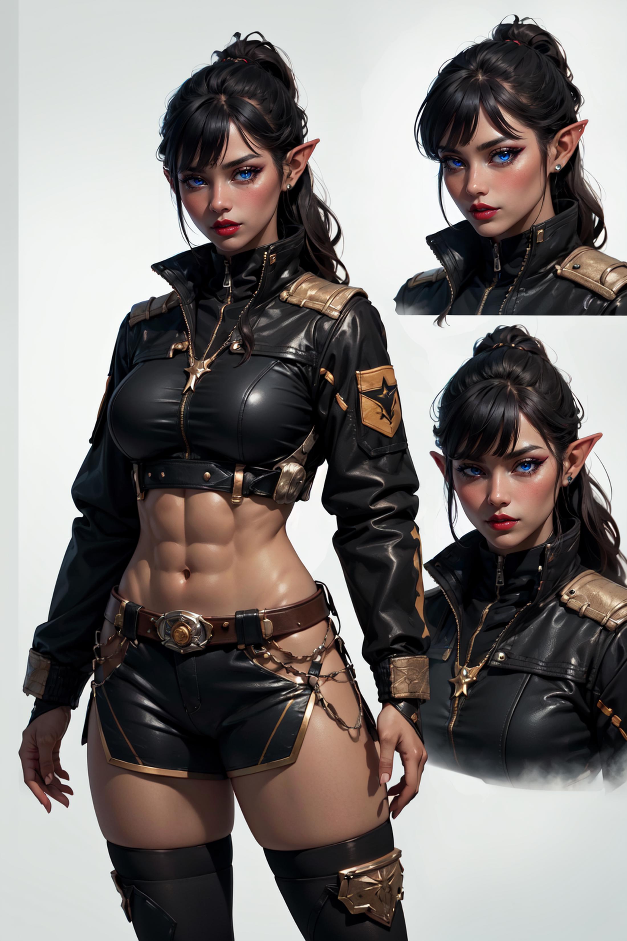 A 3D render of an elf woman with blue eyes, wearing a black jacket and short shorts, standing with her hands on her hips.