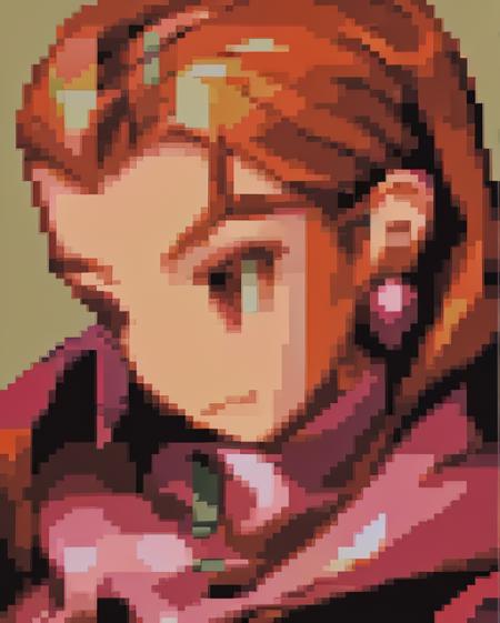 <lora:Final Fantasy Tactics Portraits V1:0.95> final_fantasy_tactics_portrait, pale orange background, no_nose, portrait, 1girl, red hair, long hair, green eyes, dancer, attractive, jewelry, earrings, hair ornament, pink robe, red and pink clothing, elf pointy ears