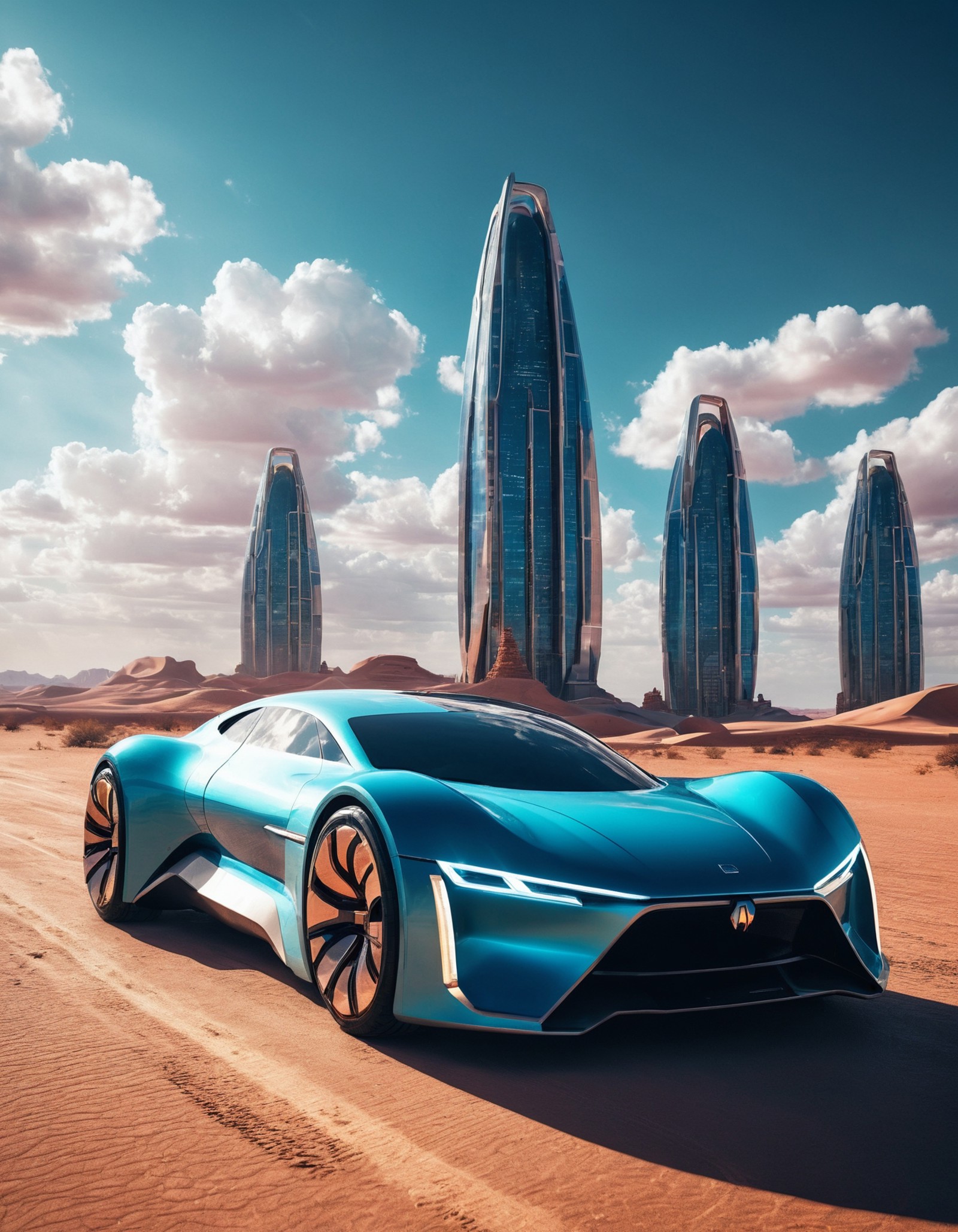 sci-fi, cinematic photo, futuristic design of electro car, majestic, desert city, skyscrapers, perfect lighting, clouds, v...