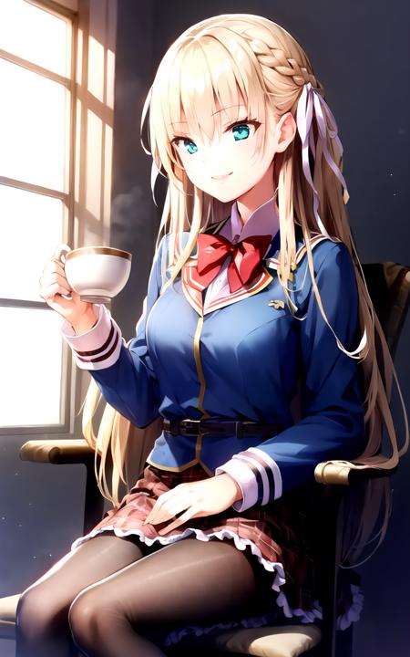 masterpiece, best quality, detailed, 1 girl, Simple background, indoor, beautiful vintage color, (high resolution:1.4),professional lighting, photon mapping, radiosity, physically-based rendering, small breasts,
siting, on chair, holding tea-cap, smile,
<lora:HBRtsukasa-V5:0.8>, HBRtsukasa, long hair, white hair ribbon, HBRuniform, red bowtie, pantyhose, frill  skirt