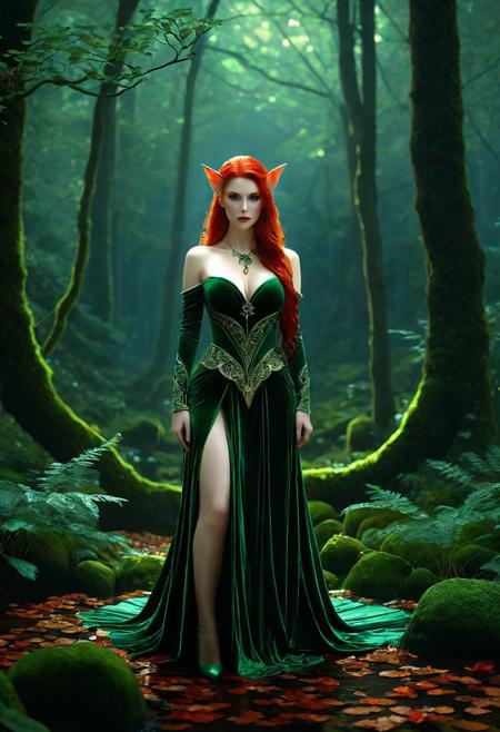 Ultra detailed digital art masterpiece Forest Elf woman dressed in a green moss and brown leaves, ginger Squirrels, standing down the mysterious night of the dark forest, a magical creature like a Forest Elf standing in the foresta, dark fantasy, perfect lighting, elegant, Tom Bagshaw, Anne Bachelier, unreal engine 5 nanite quality, mixed with dark elements, dark environment, very dark night, clean dark velour witch clothing, dark washed out eyeliner, no make up, natural pale face, nose piercing, abstract, big shiny brown eyes, ultra detailed atmospheric details, beautiful glowing effects, sparkle effects, realistic body proportions, beautiful face proportions, complex masterpiece, wild red hair style, creative glowing detailed tattoos, complex physics, enhanced colors, complimentary colors, ultra detailed raytracing reflections, Ultra detailed complex background, environment feels alive, direct eye contact, dramatic lighting, wet and sweaty skin, beautiful firm Breasts, Concept art portrait by Greg Rutkowski