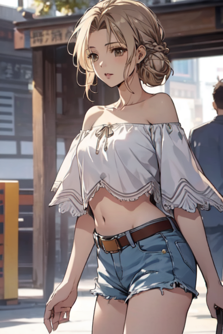 JiangShaoXu, 1girl, solo blonde hair, white shirt, brown eyes, braid, blue shorts, midriff, belt, off shoulder, single hair bun, crop top, short shorts, 