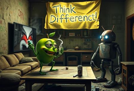 "In a grimy, dilapidated Florida crackhouse, a cartoonish green apple with exaggerated eyes and twisted limbs faces off against the iconic Android logo robot. The apple, perched on a stained coffee table, holds a meth glass pipe in one hand, with acrid smoke billowing from it. In its other hand, it clutches a lighter, flickering ominously.
The massive OLED TV mounted on the wall casts a harsh, flickering light, creating unsettling shadows as it plays an unnervingly vivid Apple commercial. The room’s walls are grimy, covered in graffiti, and peeling wallpaper hangs in tatters. The floor is strewn with trash, broken furniture, and empty cans.
The Android robot, with a rusted, dented exterior and malfunctioning eyes, stands in a defensive stance with twitching antennae. Above the TV, a warped cardboard sign with 'Think Different!' hangs crookedly, its jagged lettering backlit by flickering LEDs that cast eerie shadows on the peeling walls.
The air is thick with mildew, decay, and the sharp scent of meth smoke. The green apple’s glossy skin and the Android’s grimy, rusted body are harshly illuminated by the flickering light, heightening the bizarre and unsettling confrontation in this derelict, drug-ridden setting."