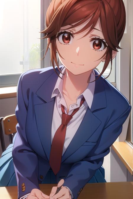 natsukienomoto, <lora:natsuki enomoto movie-lora-nochekaiser:1>,
natsuki enomoto, short hair, brown hair, (brown eyes:1.5), hair bun, single hair bun, (swept bangs:1.5), smile,
BREAK skirt, school uniform, jacket, pleated skirt, necktie, blazer, blue blazer, shirt, white shirt, collared shirt, red necktie, blue skirt,
BREAK indoors, classroom,
BREAK looking at viewer, (cowboy shot:1.5),
BREAK <lyco:GoodHands-beta2:1>, (masterpiece:1.2), best quality, high resolution, unity 8k wallpaper, (illustration:0.8), (beautiful detailed eyes:1.6), extremely detailed face, perfect lighting, extremely detailed CG, (perfect hands, perfect anatomy),