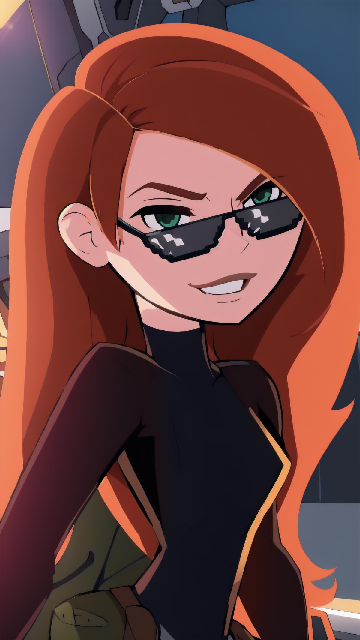 A cartoon drawing of a woman with orange hair, wearing sunglasses and a black shirt.