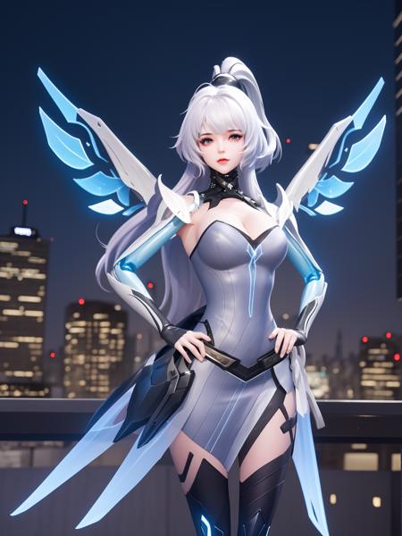 WZRYgongsunliJYZX, 1girl, solo, long hair, breasts, thighhighs, white hair, gloves, ponytail,bangs, dress,mechanical wings,drill hair,hair ornament ,cityscape, night,looking at viewer, mature female, hand on hip,  <lora:WZRYgongsunliJYZXii:0.75>,cowboy shot,