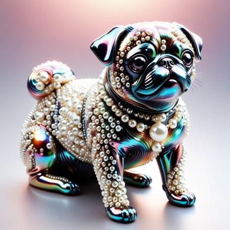 lazympos, depth of field, hyperrealistic, masterpiece, Intricate Design, Pearlum,
a colourful pug statue made of metal, reflective metal, statue made of pearls, rainbow theme