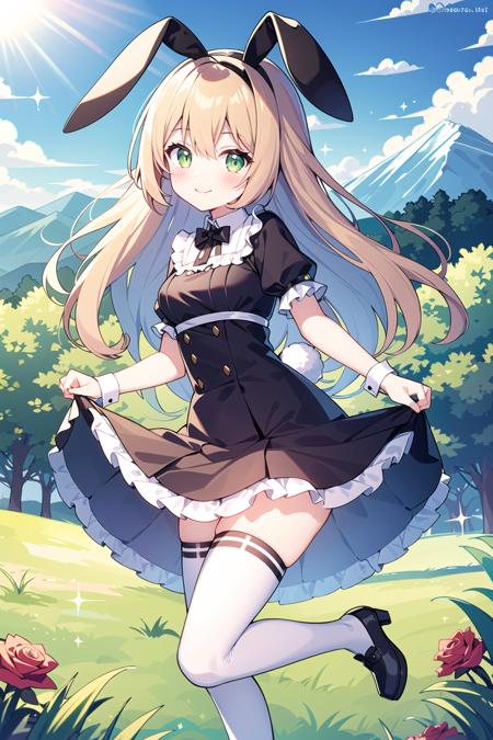 1girl, animal_ears, blush, brown_hair, bush, clothes_lift, cup, day, dress, dress_lift, fake_animal_ears, grass, green_eyes, looking_at_viewer, mountain, one_side_up, outdoors, rabbit_ears, rainbow, rose, skirt_hold, skirt_lift, smile, solo, sparkle, teacup, teapot, thighhighs, tree, white_legwear