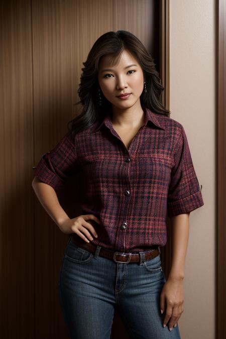 k311yhu in a plaid top and is standing in a doorway with her hand on her hip, <lora:Kelly_Hu_PMv1_Lora:1.3>,, ((Close-Up)), high quality photography, 3 point lighting, flash with softbox, 4k, Canon EOS R3, hdr, smooth, sharp focus, high resolution, award winning photo, 80mm, f2.8, bokeh, detailed skin texture, (blush:0.5), (goosebumps:0.5), subsurface scattering