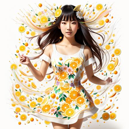 Beautiful Asian woman wearing a floral white dress, citrus fruits flying around, rainbow slice orange highlights, background of assorted citrus fruits, splashes of orange juice, detailed eyes, textured, photograph, realistic, 12k quality  <lora:splashes_v.1.0:1>